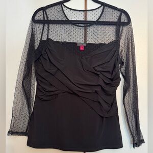 NWT Vince Camuto Black Rushed Swiss Dot Tulle Long Sleeve Blouse Size L